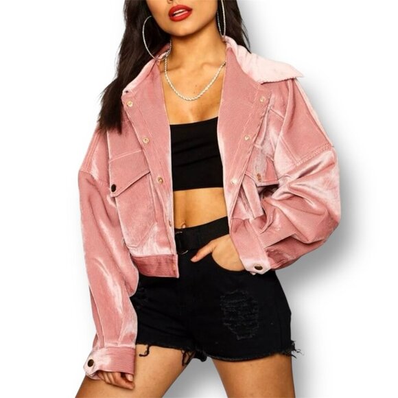 PrettyLittleThing 12 Pink Corduroy Cropped Snap Jacket Oversized Fall Y2K Boho - Picture 1 of 10